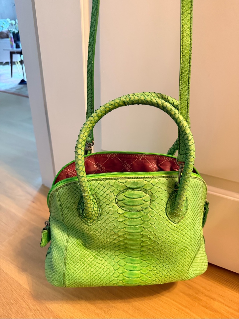 Green Python-Embossed Leather Tote - Picture 10 of 11